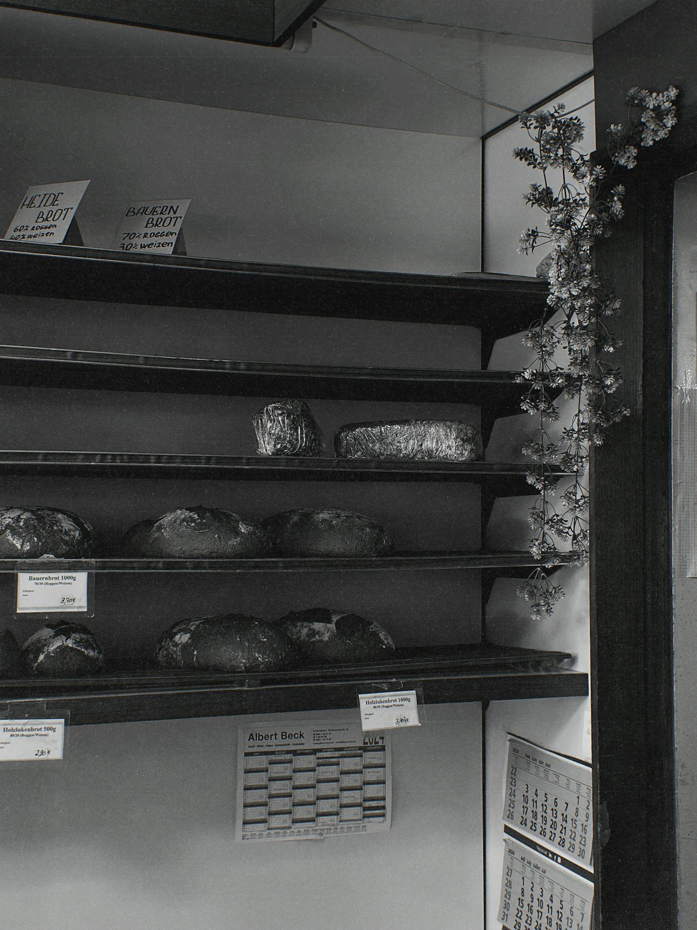 A row of dark-crusted loaves cooling on a linen-lined rack.